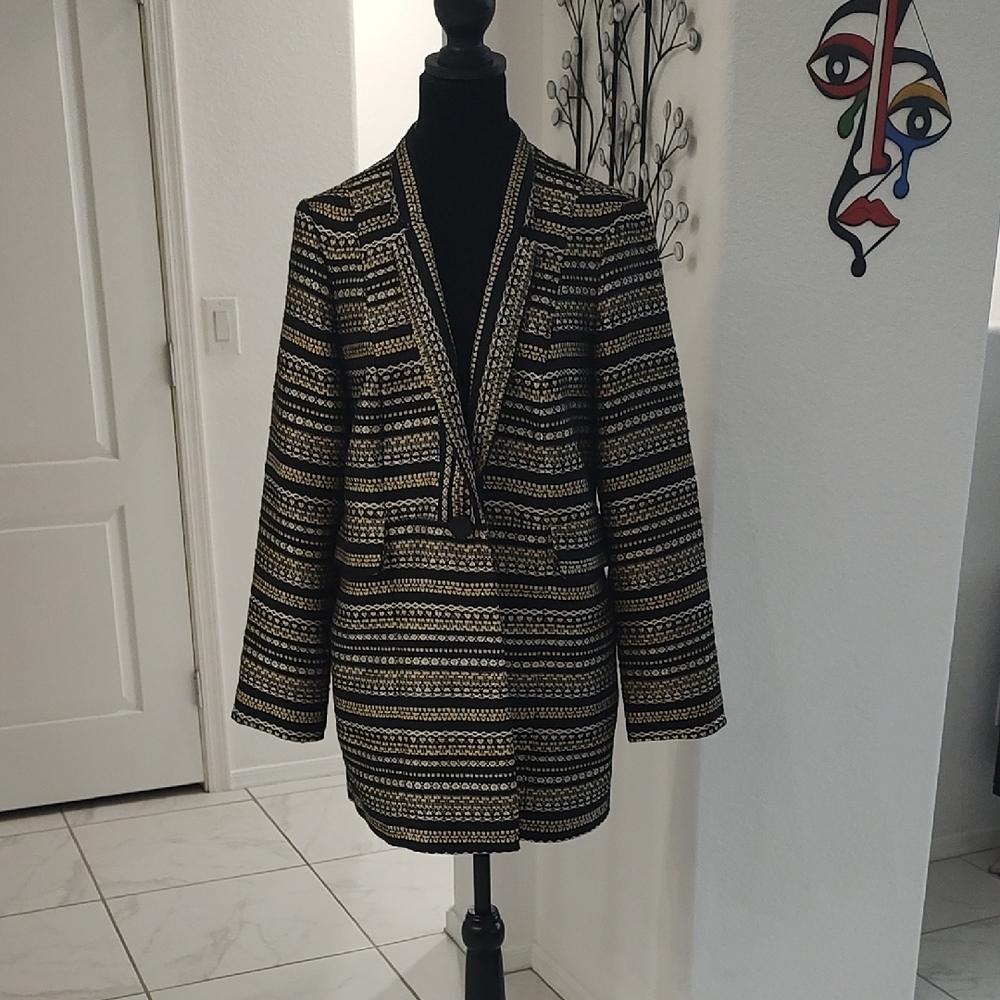New Chico's Gold Silver Metallic Black Tweed Thigh Length Jacket M / 8 = 1